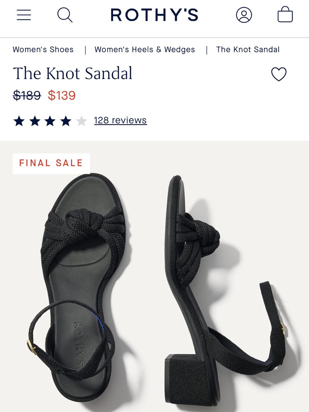 FREE SHIPPING Rothy's The Knot Sandal — Black Women's Heel Sandal 7 NIB